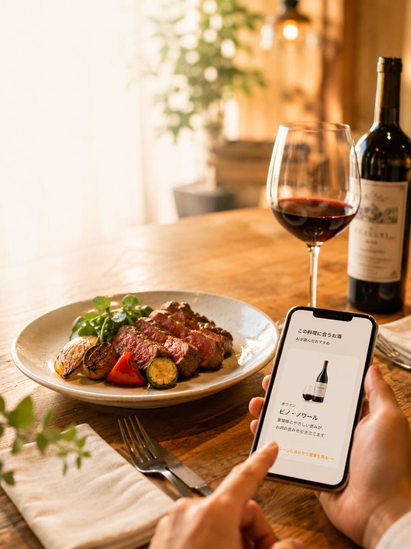 料理と御社銘柄のペアリングが、飲食店の卓上に並ぶシーン